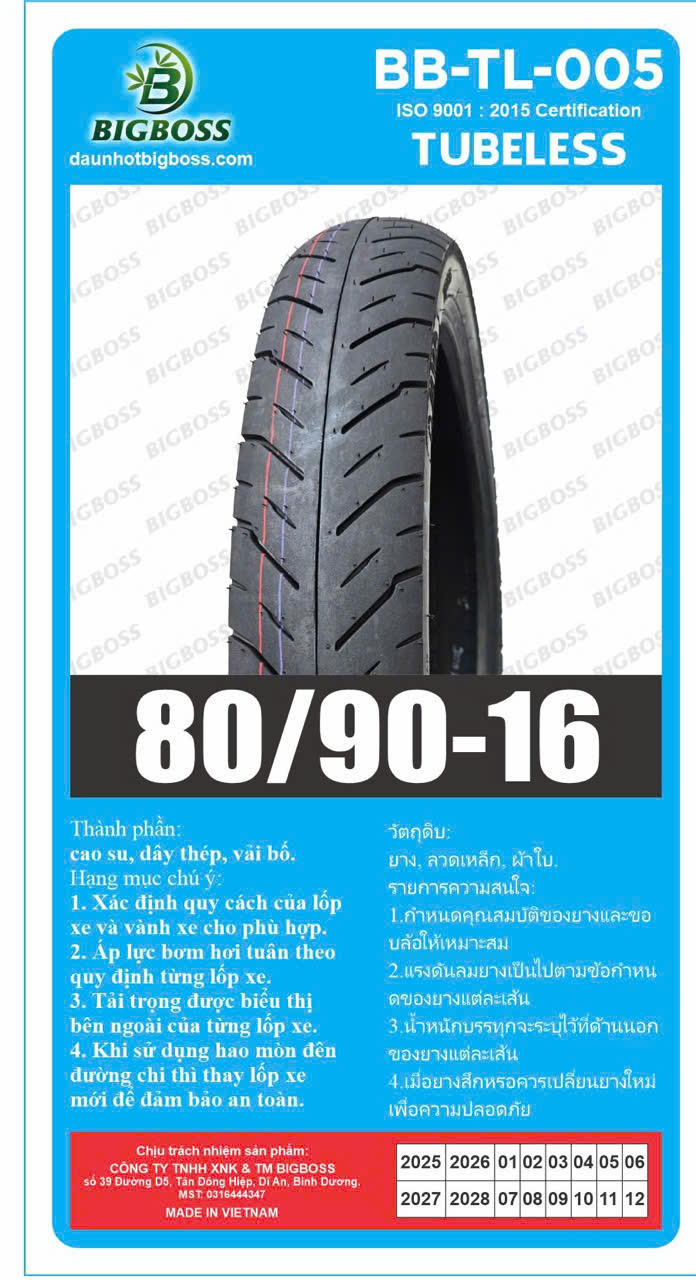 Lốp Xe Máy BIGBOSS 80/90-16-TL (SAU Nouvo, Ha)